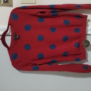 Woman red sweater with blue rhinestone polka dots size L